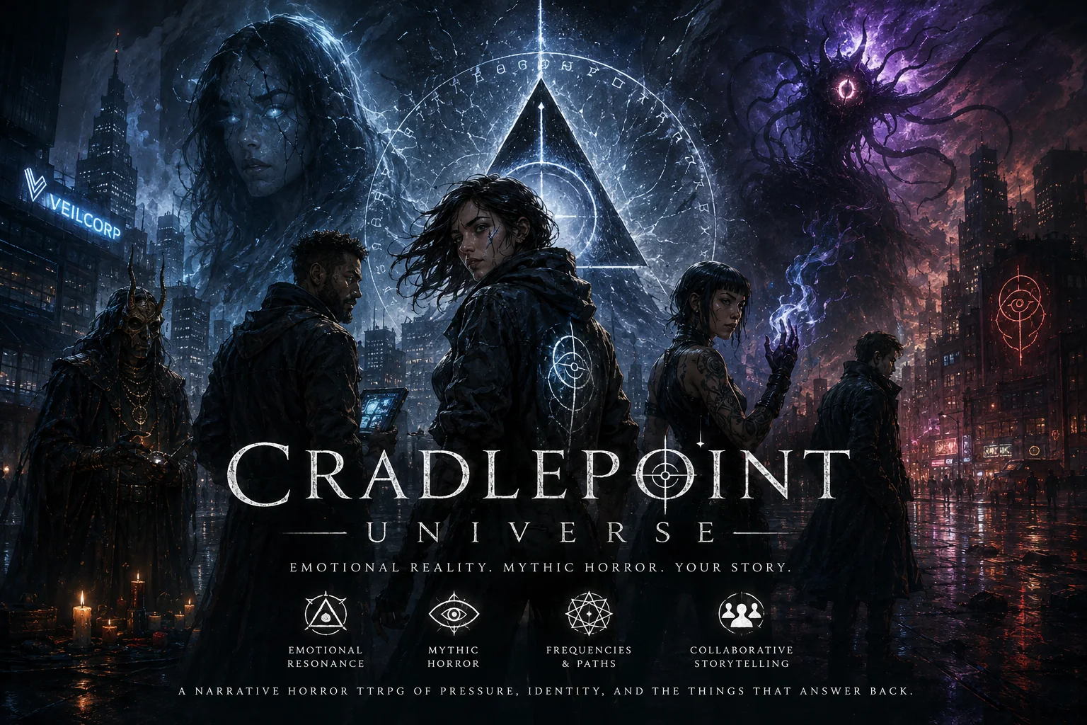 Cradlepoint Universe key art: Operators and Handler in a rain-soaked city under VeilCorp and resonance sigils
