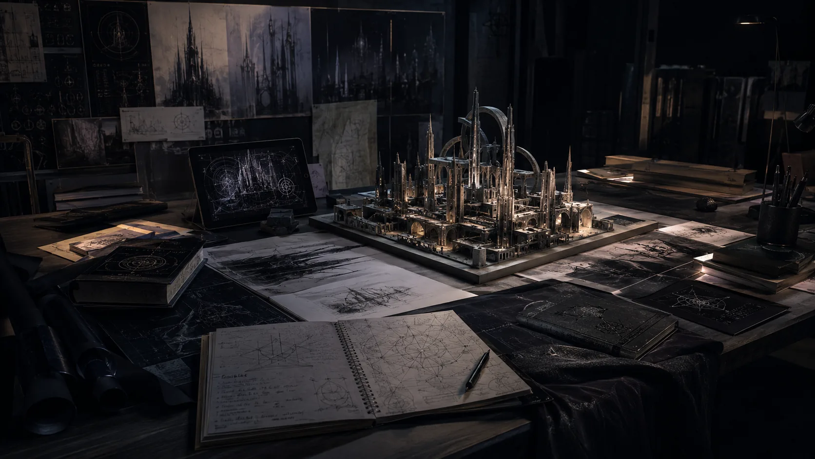Cathedral model and planning materials on a funding worktable